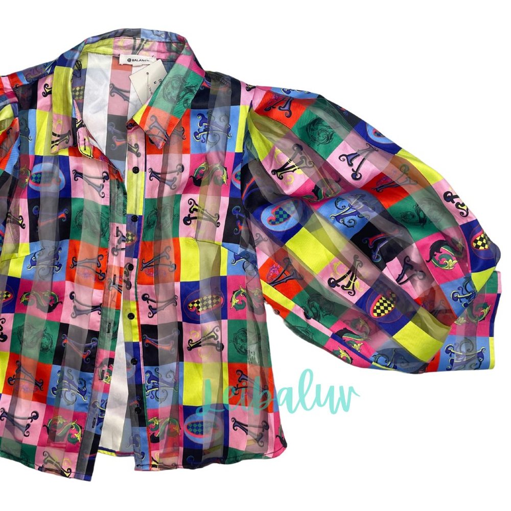 @Balance Striped Sheer Puff Sleeve Blouse Medium